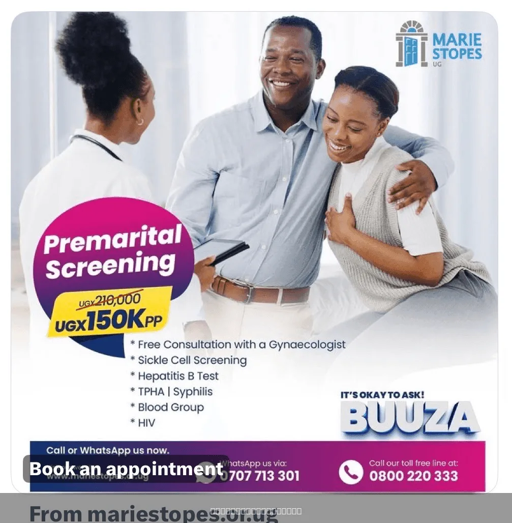 Begin your forever with confidence. 

Get your Premarital Screening for UGX 150,000 per person, plus — image 1